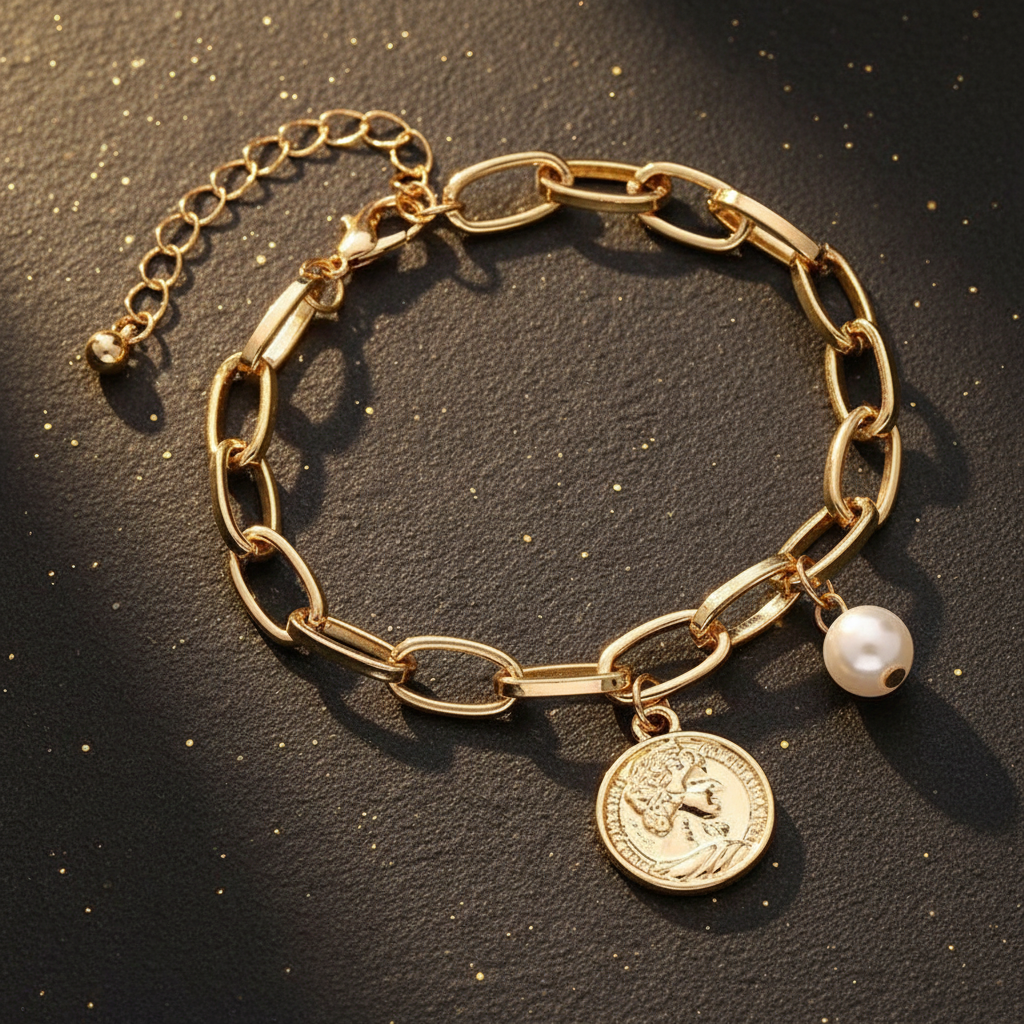 Gold Chain Coin Pearl Bracelet